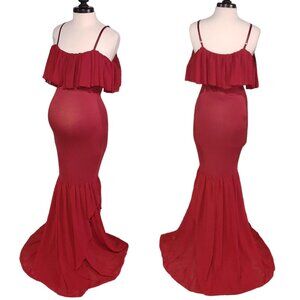 Boutique | Red Ruffle off Shoulder Maternity Mermaid Dress | Size Large